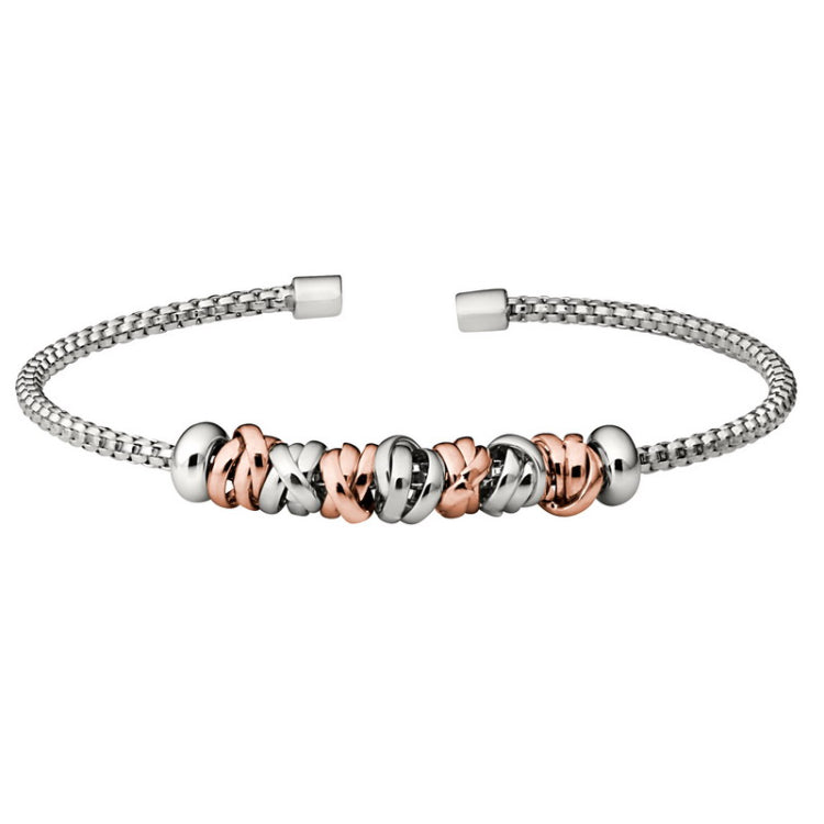 Rhodium Finish Sterling Silver Rounded Box Link Cuff Bracelet  Interlocked Rhodium and Rose Gold Fi