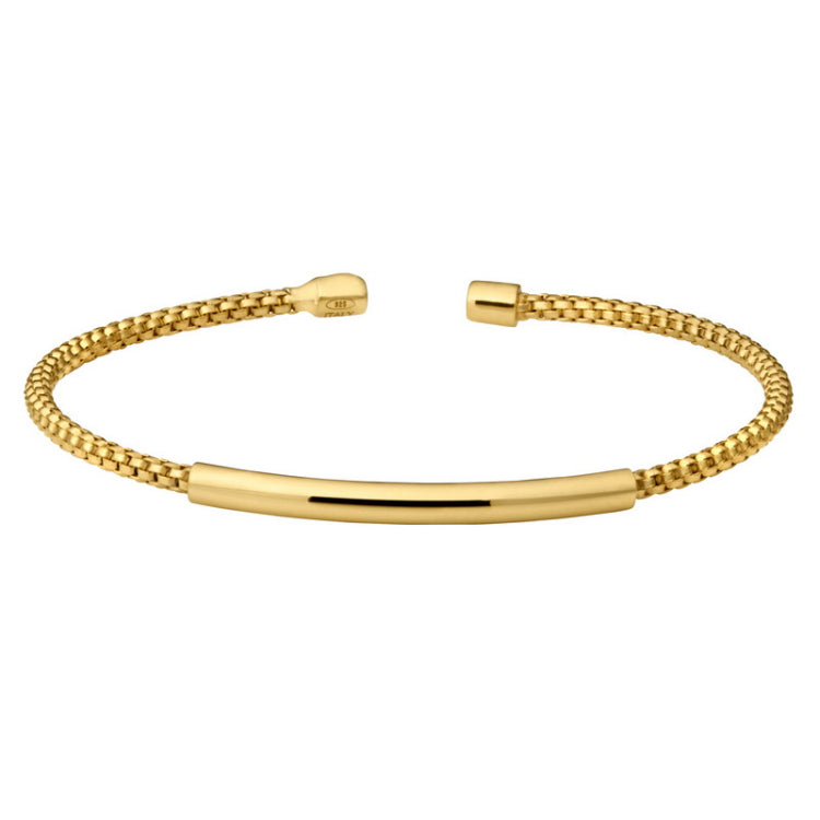 Gold finish sterling silver rounded box link cuff bracelet with high polished bar