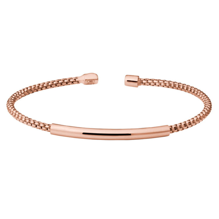 Rose Gold Finish Sterling Silver Rounded Box Link Cuff Bracelet with High Polished Bar