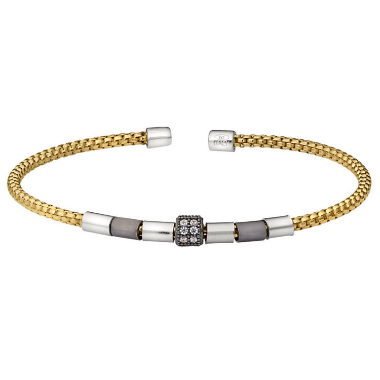 Gold Finish Sterling Silver Rounded Box Link Cuff Bracelet  Ruthenium, Rhodium and Black Onyx Beads