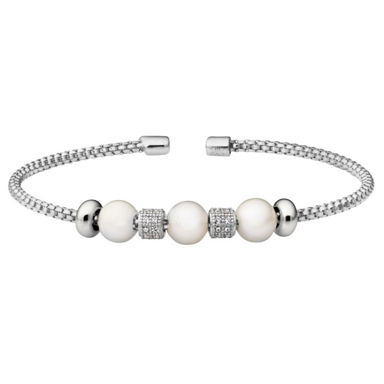 Rhodium finish sterling silver rounded box link cuff bracelet with simulated pearls and simulated diamond barrels