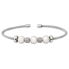 Rhodium finish sterling silver rounded box link cuff bracelet with simulated pearls and simulated diamond barrels