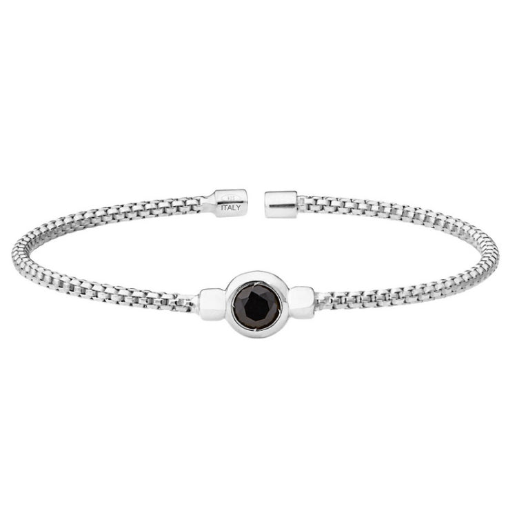 Rhodium finish sterling silver rounded box link cuff bracelet with bezel set simulated onyx