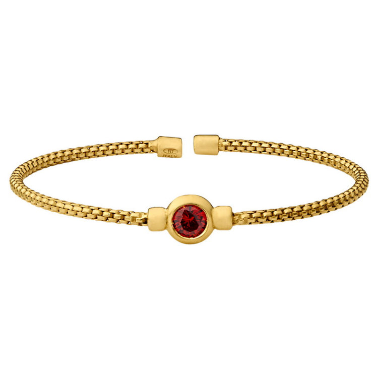 Gold finish sterling silver rounded box link cuff bracelet with bezel set simulated garnet birth gem