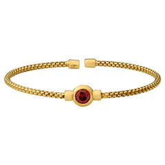Gold finish sterling silver rounded box link cuff bracelet with bezel set simulated garnet birth gem