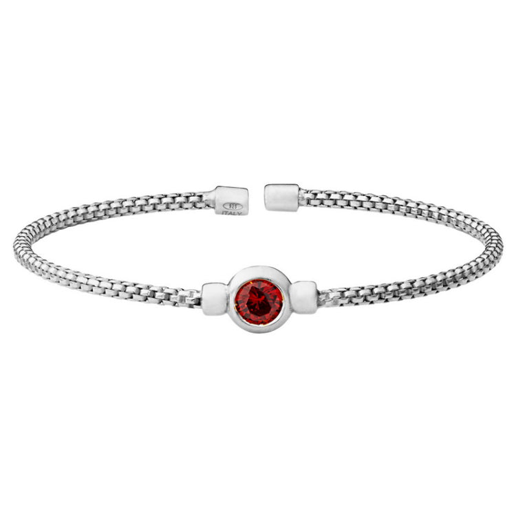 Rhodium finish sterling silver rounded box link cuff bracelet with bezel set simulated garnet birth gem