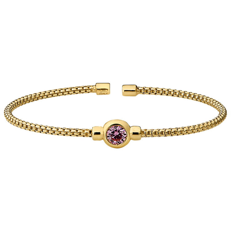 Gold finish sterling silver rounded box link cuff bracelet with bezel set simulated pink sapphire birth gem