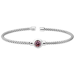 Rhodium finish sterling silver rounded box link cuff bracelet with bezel set simulated pink sapphire birth gem