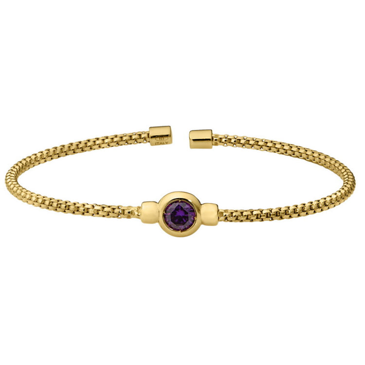 Gold finish sterling silver rounded box link cuff bracelet with bezel set simulated amethyst birth gem