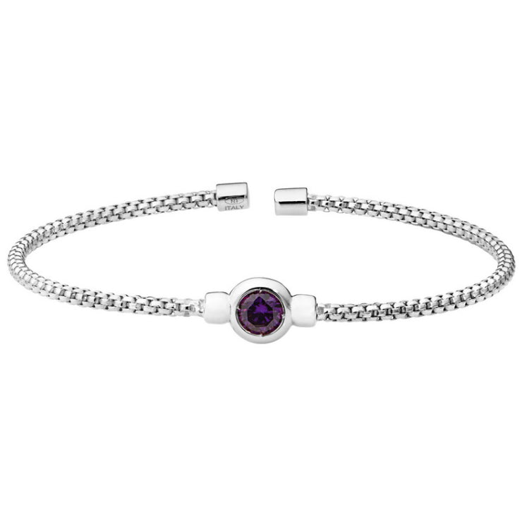 Rhodium finish sterling silver rounded box link cuff bracelet with bezel set simulated amethyst birth gem