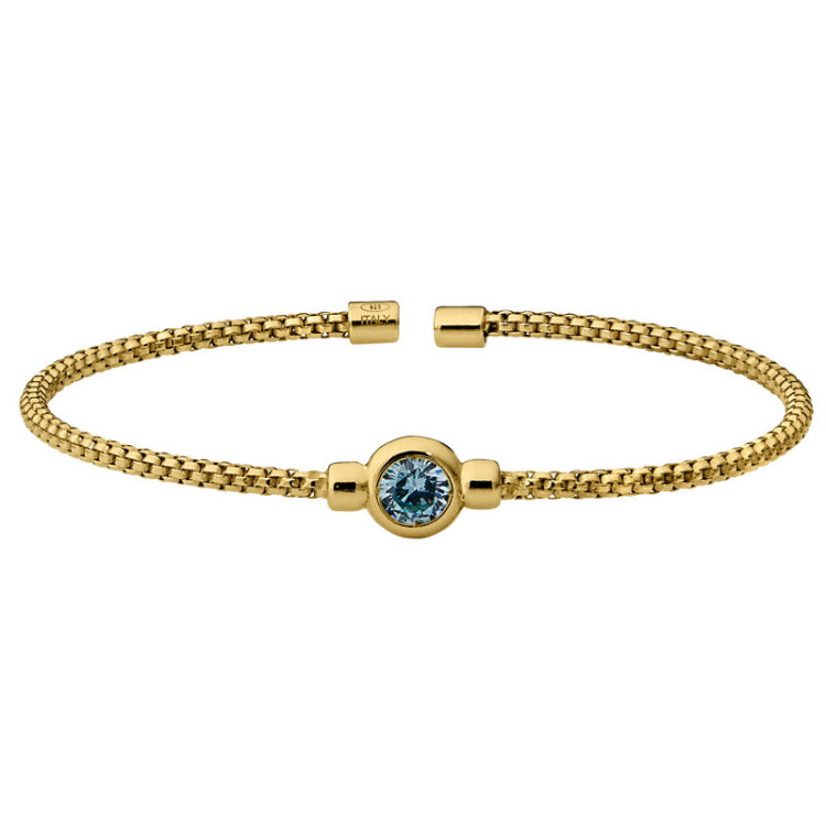 Gold finish sterling silver rounded box link cuff bracelet with bezel set simulated aqua marine birth gem