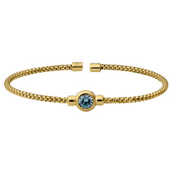 Gold finish sterling silver rounded box link cuff bracelet with bezel set simulated aqua marine birth gem