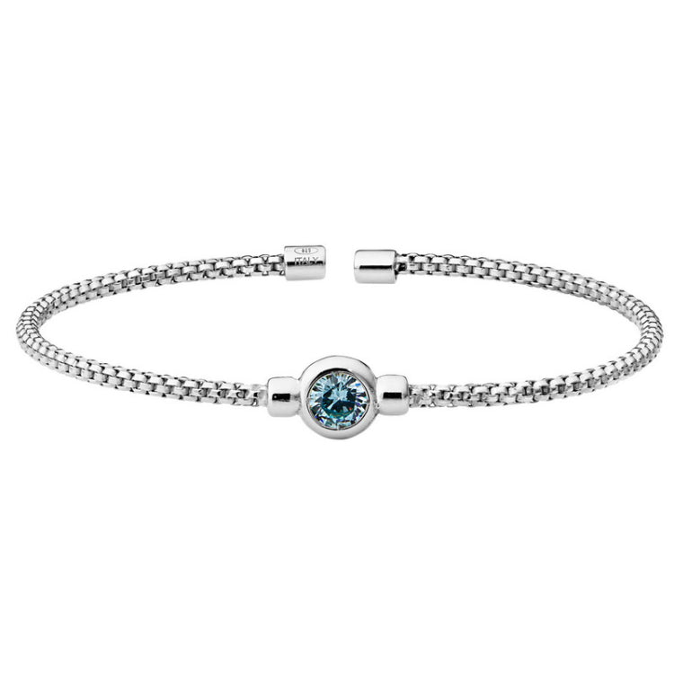 Rhodium finish sterling silver rounded box link cuff bracelet with bezel set simulated aqua marine birth gem