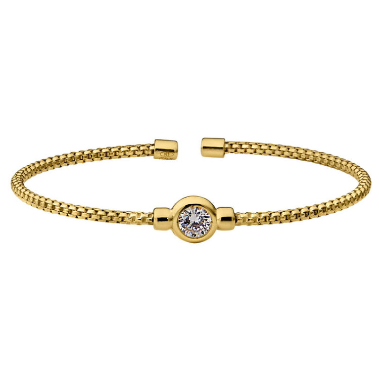 Gold finish sterling silver rounded box link cuff bracelet with bezel set simulated diamond birth gem