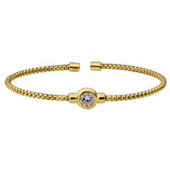 Gold finish sterling silver rounded box link cuff bracelet with bezel set simulated diamond birth gem