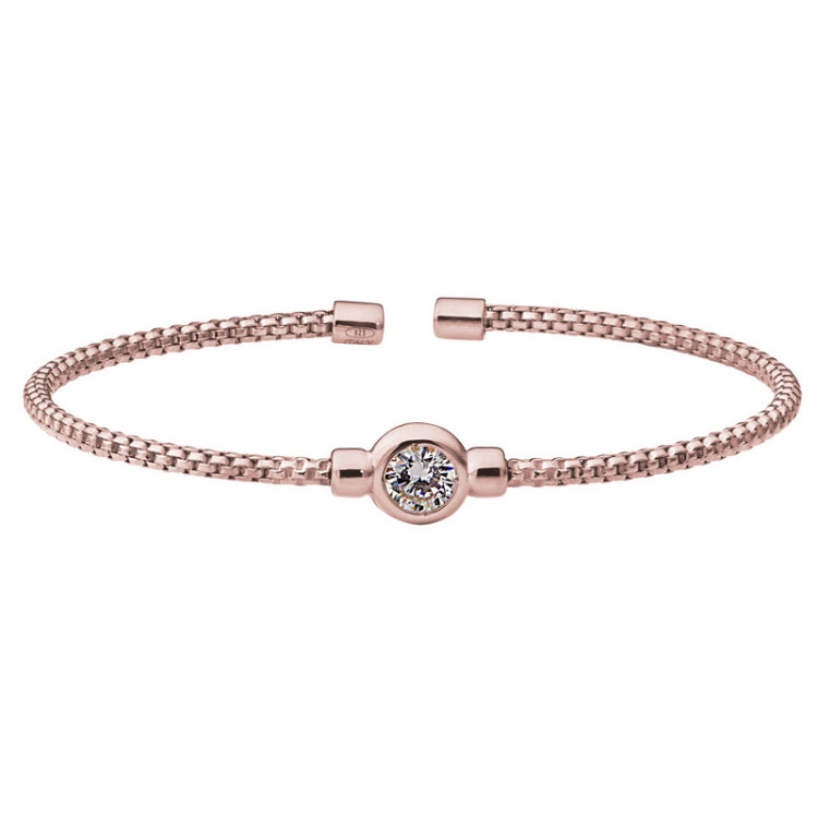 Rose gold finish sterling silver rounded box link cuff bracelet with bezel set simulated diamond birth gem
