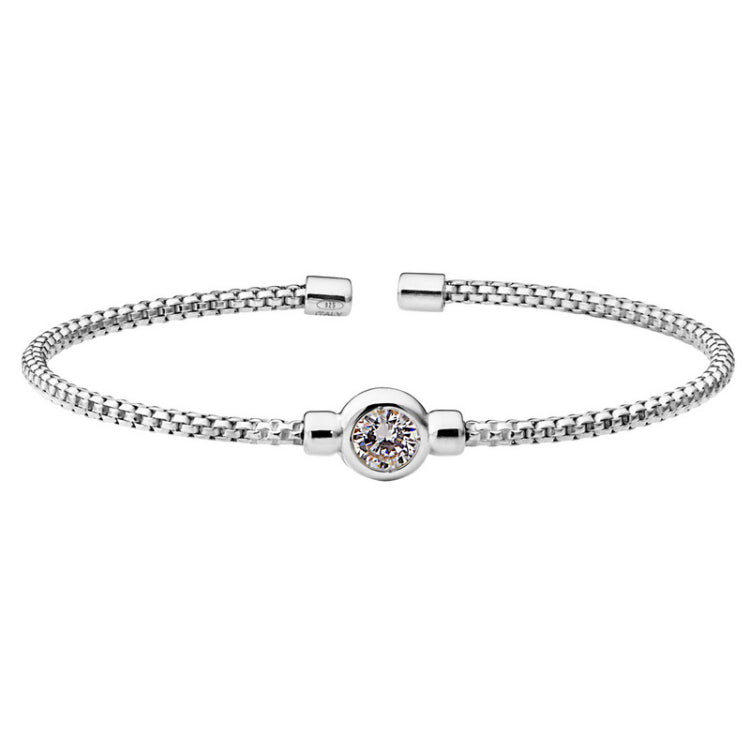 Rhodium finish sterling silver rounded box link cuff bracelet with bezel set simulated diamond birth gem