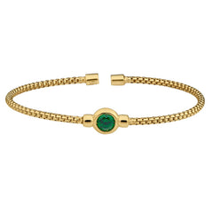 Gold finish sterling silver rounded box link cuff bracelet with bezel set simulated emerald birth gem
