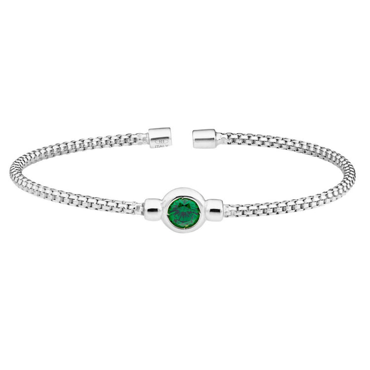 Rhodium finish sterling silver rounded box link cuff bracelet with bezel set simulated emerald birth gem