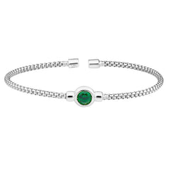 Rhodium finish sterling silver rounded box link cuff bracelet with bezel set simulated emerald birth gem