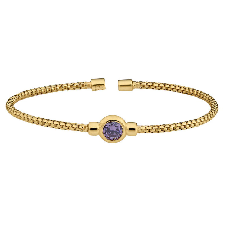 Gold finish sterling silver rounded box link cuff bracelet with bezel set simulated light amethist birth gem