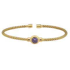 Gold finish sterling silver rounded box link cuff bracelet with bezel set simulated light amethist birth gem