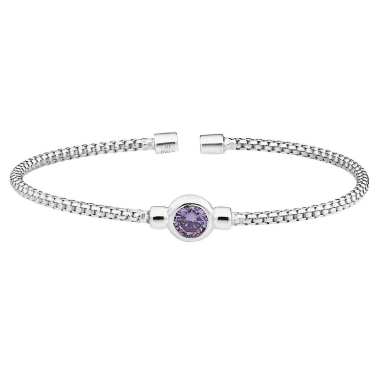 Rhodium finish sterling silver rounded box link cuff bracelet with bezel set simulated light amethyst birth gem