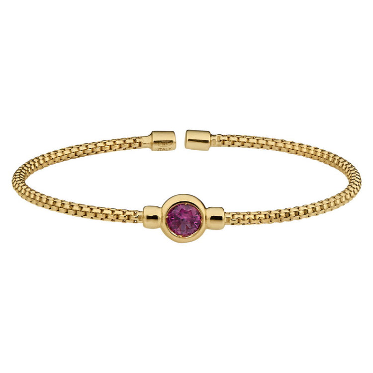 Gold finish sterling silver rounded box link cuff bracelet with bezel set simulated ruby birth gem