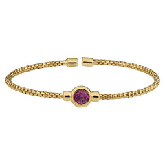 Gold finish sterling silver rounded box link cuff bracelet with bezel set simulated ruby birth gem