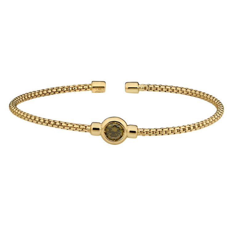 Gold finish sterling silver rounded box link cuff bracelet with bezel set simulated peridot birth gem