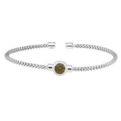 Rhodium finish sterling silver rounded box link cuff bracelet with bezel set simulated peridot birth gem