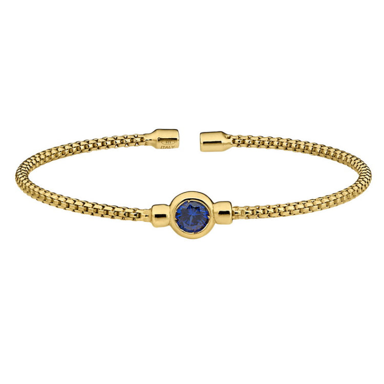 Gold finish sterling silver rounded box link cuff bracelet with bezel set simulated sapphire birth gem