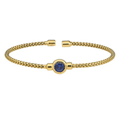 Gold finish sterling silver rounded box link cuff bracelet with bezel set simulated sapphire birth gem