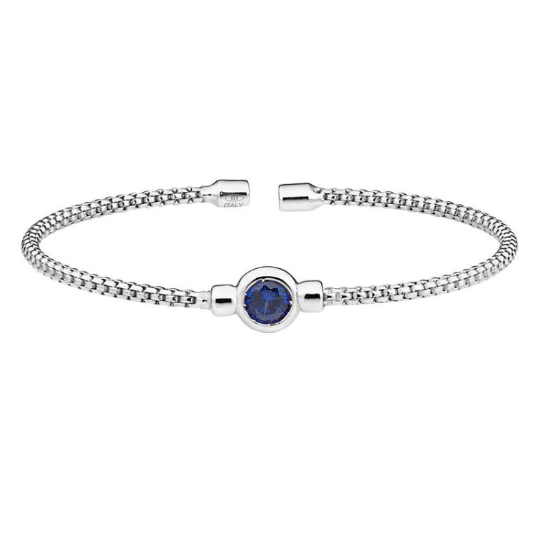 Rhodium finish sterling silver rounded box link cuff bracelet with bezel set simulated sapphire birth gem