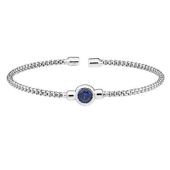 Rhodium finish sterling silver rounded box link cuff bracelet with bezel set simulated sapphire birth gem