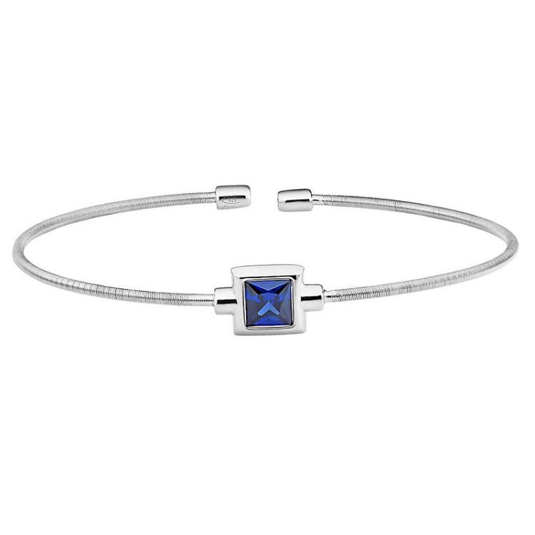 Rhodium Finish Sterling Silver Cable Cuff Bracelet with Princess Cut Simulated Blue Topaz Birth Gem