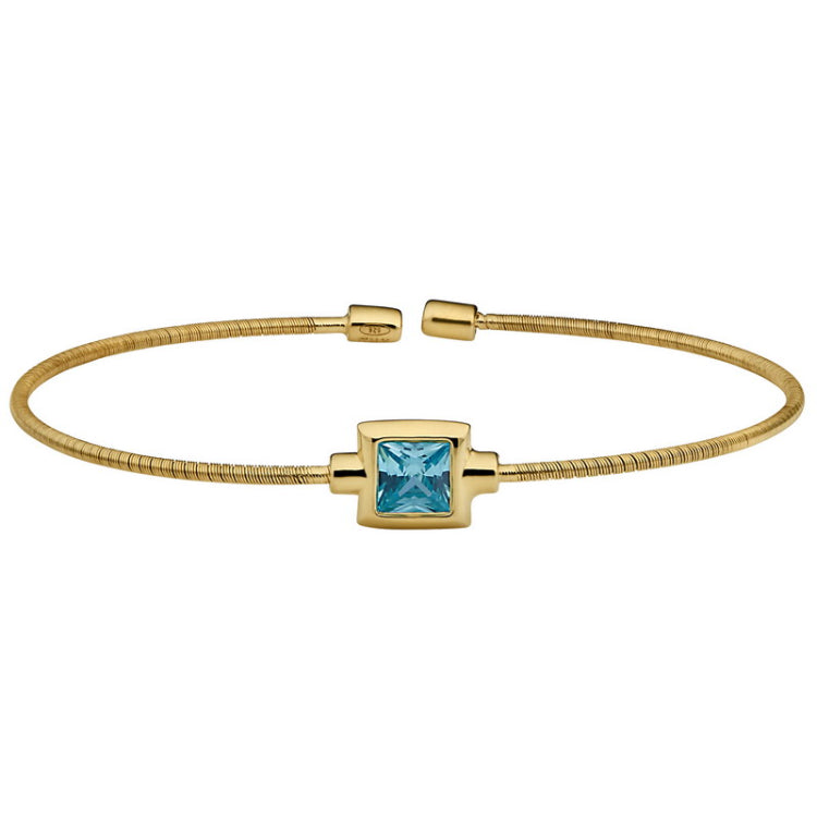 Gold Finish Sterling Silver Cable Cuff Bracelet with Princess Cut Simulated Aqua Marine Birth Gem