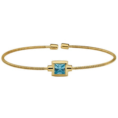 Gold Finish Sterling Silver Cable Cuff Bracelet with Princess Cut Simulated Aqua Marine Birth Gem