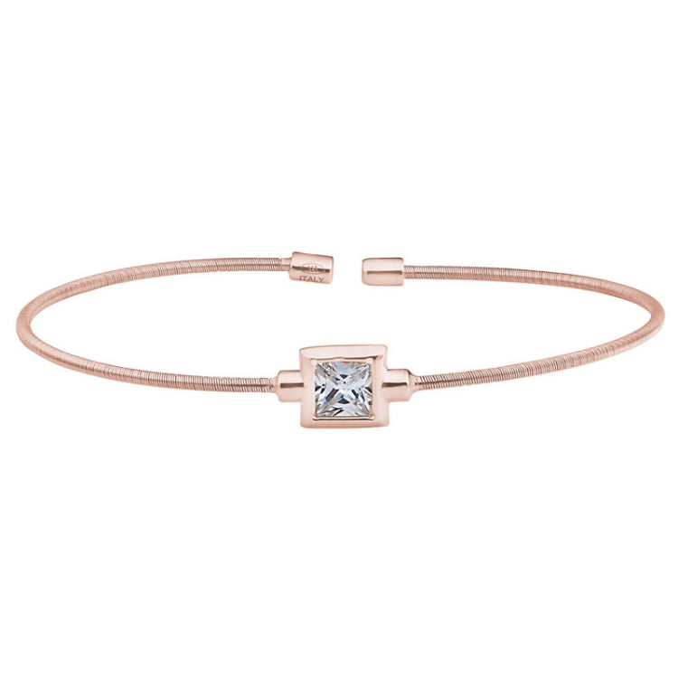 Rose Gold Finish Sterling Silver Cable Cuff Bracelet with Princess Cut Simulated Diamond Birth Gem