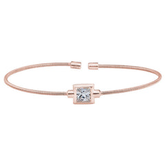 Rose Gold Finish Sterling Silver Cable Cuff Bracelet with Princess Cut Simulated Diamond Birth Gem