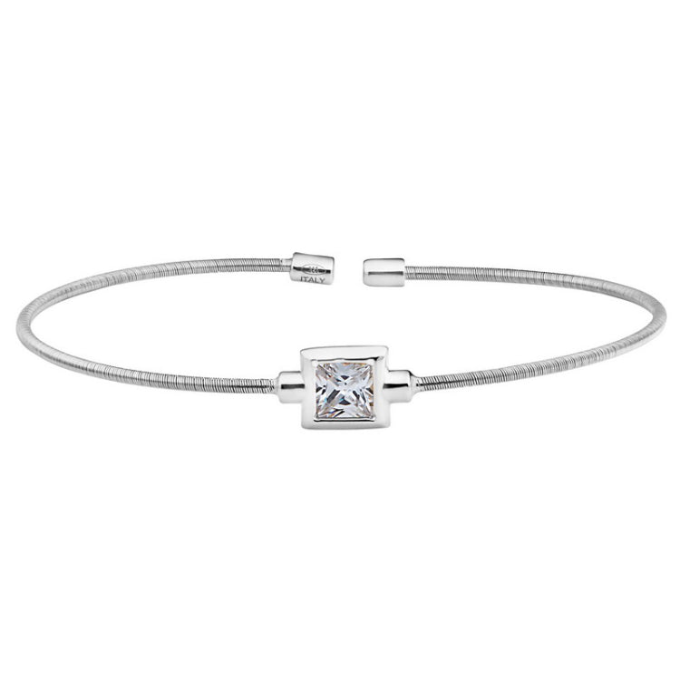 Rhodium Finish Sterling Silver Cable Cuff Bracelet with Princess Cut Simulated Diamond Birth Gem