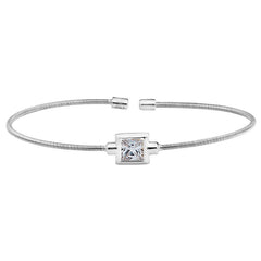 Rhodium Finish Sterling Silver Cable Cuff Bracelet with Princess Cut Simulated Diamond Birth Gem