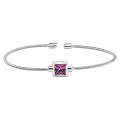 Rhodium Finish Sterling Silver Cable Cuff Bracelet with Princess Cut Simulated Ruby Birth Gem