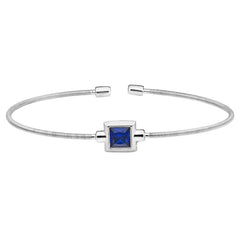Rhodium Finish Sterling Silver Cable Cuff Bracelet with Princess Cut Simulated Sapphire Birth Gem