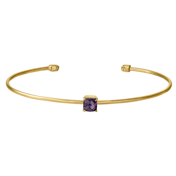 Gold Finish Sterling Silver Pliable Cuff Bracelet  Faceted Cushion Cut Simulated Amethyst Birth Gem