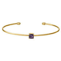Gold Finish Sterling Silver Pliable Cuff Bracelet  Faceted Cushion Cut Simulated Amethyst Birth Gem