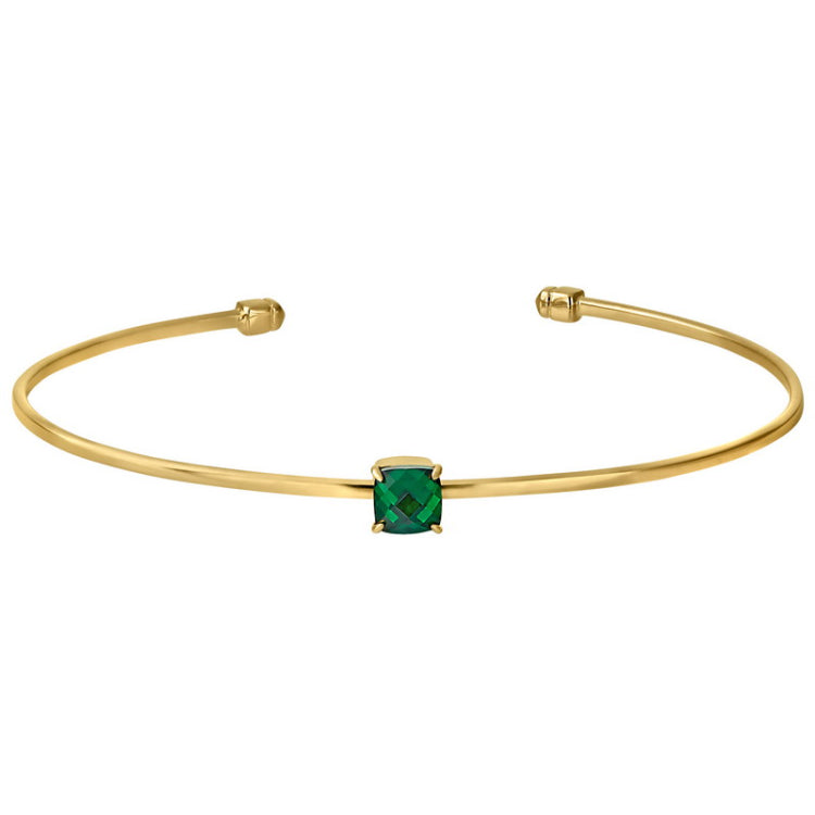 Gold Finish Sterling Silver Pliable Cuff Bracelet  Faceted Cushion Cut Simulated Emerald Birth Gem 
