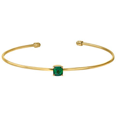Gold Finish Sterling Silver Pliable Cuff Bracelet  Faceted Cushion Cut Simulated Emerald Birth Gem 