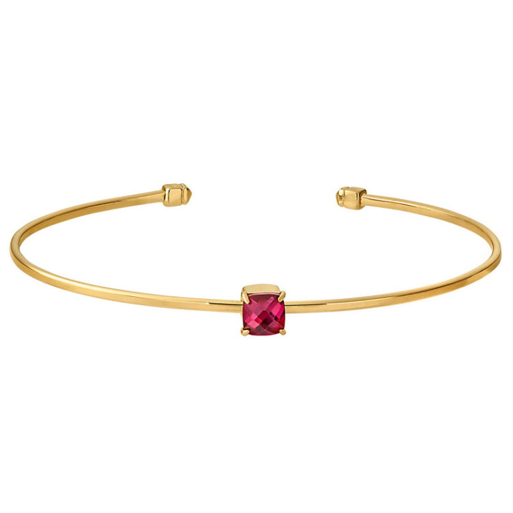 Gold Finish Sterling Silver Pliable Cuff Bracelet  Faceted Cushion Cut Simulated Ruby Birth Gem - J