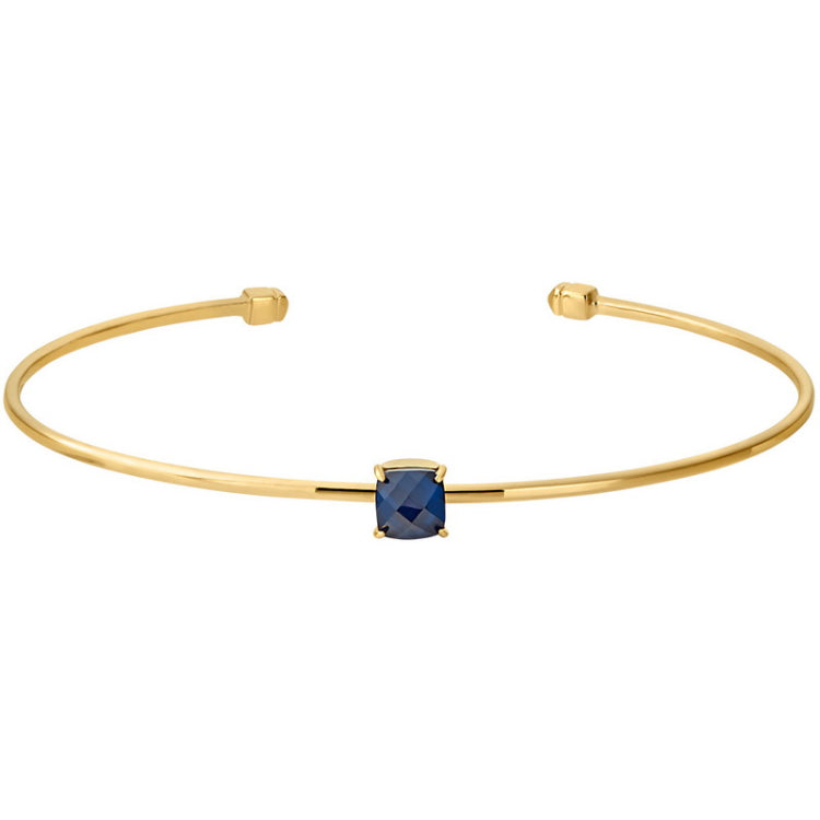 Gold Finish Sterling Silver Pliable Cuff Bracelet  Faceted Cushion Cut Simulated Sapphire Birth Gem